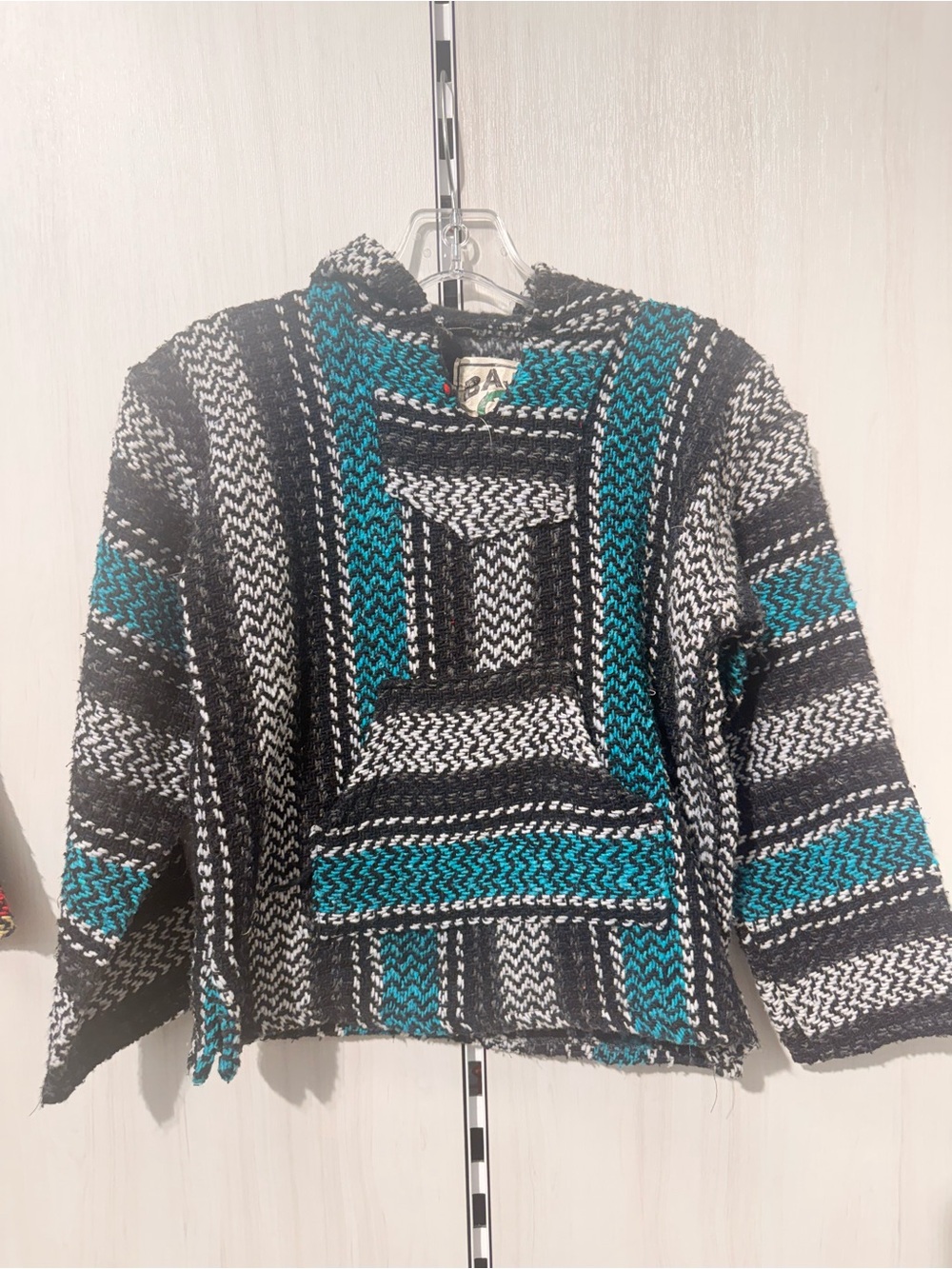 Kids Boho Hoodie Poncho in Black, White & Teal